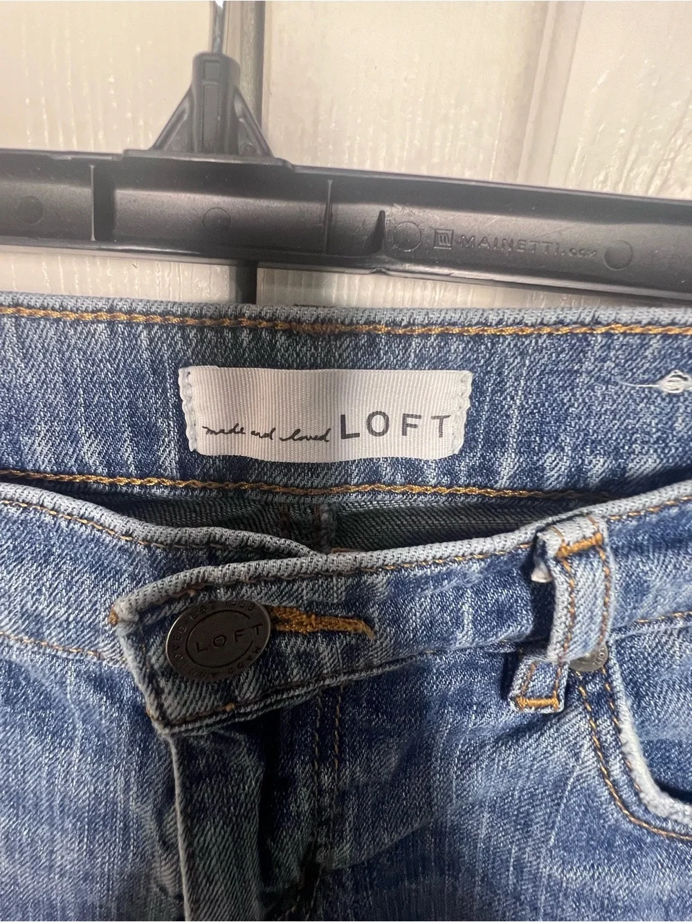 LOFT Distressed Mid-Blue Denim Cutoff Shorts